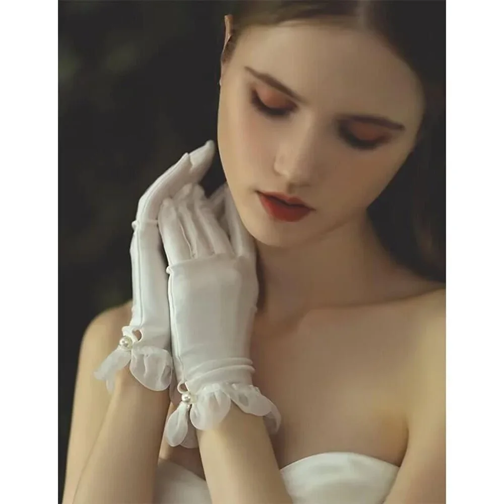 Women's Lvory-1 Floral Lace Short Satin Ruffle Pearls Evening Gloves Party Prom